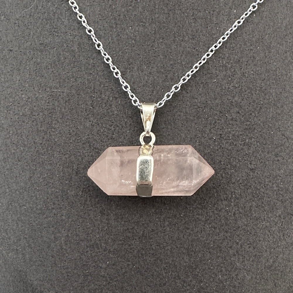 Double Terminated Rose Quartz Pendant on Silver Box Chain - Picture 3 of 8